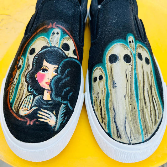 Hand Painted Neo Trad Ghost Girl Goth Victorian Mirror Horror Slip On Shoes Size 7