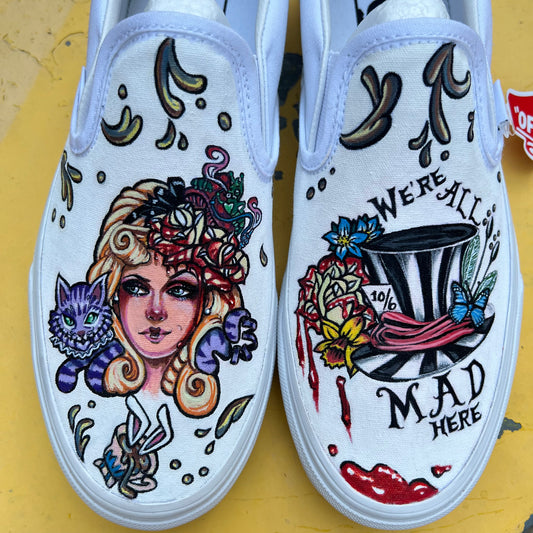 Vans Alice In Wonderland and Mad Hatter Tea Party Hand Painted Shoes M 7.5 W 9